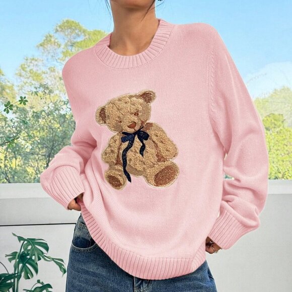 Pink Casual Women's Rib-Knit Long Sleeve Teddy Bear Embroidery Sweater - Picture 5 of 6
